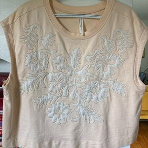 Anthropologie Light Pink Embroidered Crop Tank